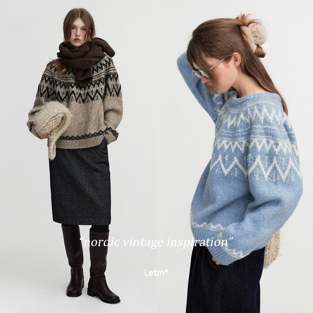 ®Letm 冰岛下雪’复古蓬松高羊驼毛几何提花费尔岛圆领毛衣女