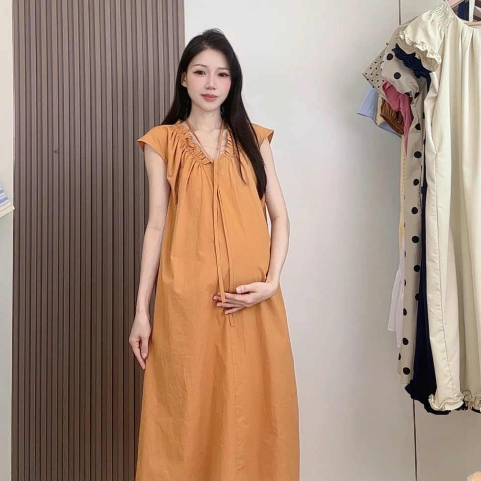 孕妇夏季时髦法式温柔风橘色系带飞飞袖V领宽松显瘦孕妇装夏装