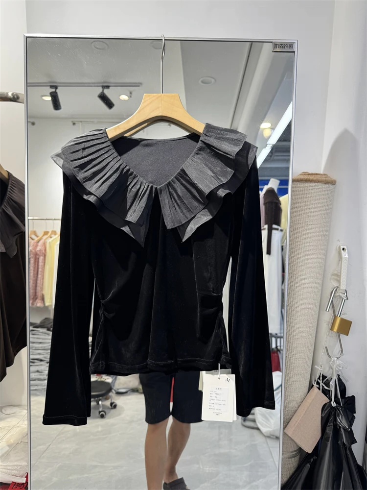 Nalian/拿恋豆子优选-时尚荷叶边V领丝绒修身显瘦气质衬衫DZ99012