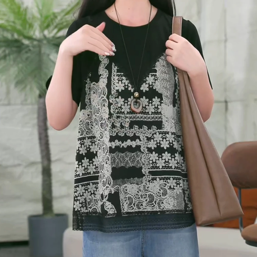 假两件短袖T恤女新款爆款2025夏季上新拼接碎花上衣设计感