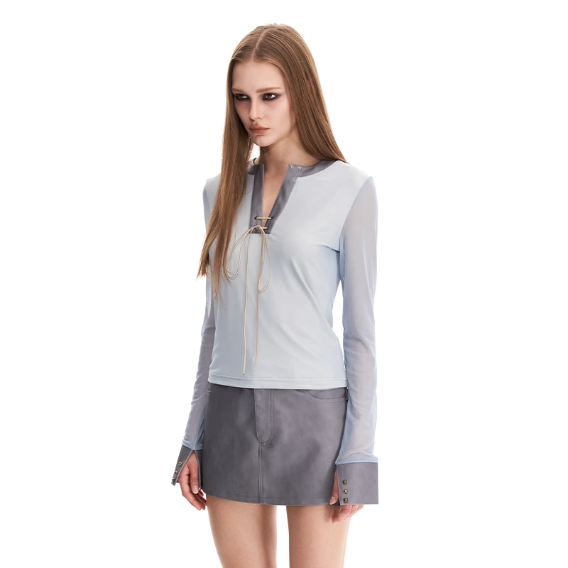 Last order 网纱系带拼皮上衣