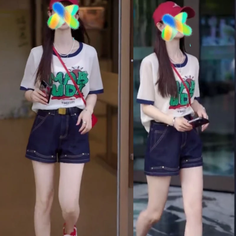 美式涂鸦夏季百搭时尚宽松印花撞色圆领短袖T恤时尚套装女装