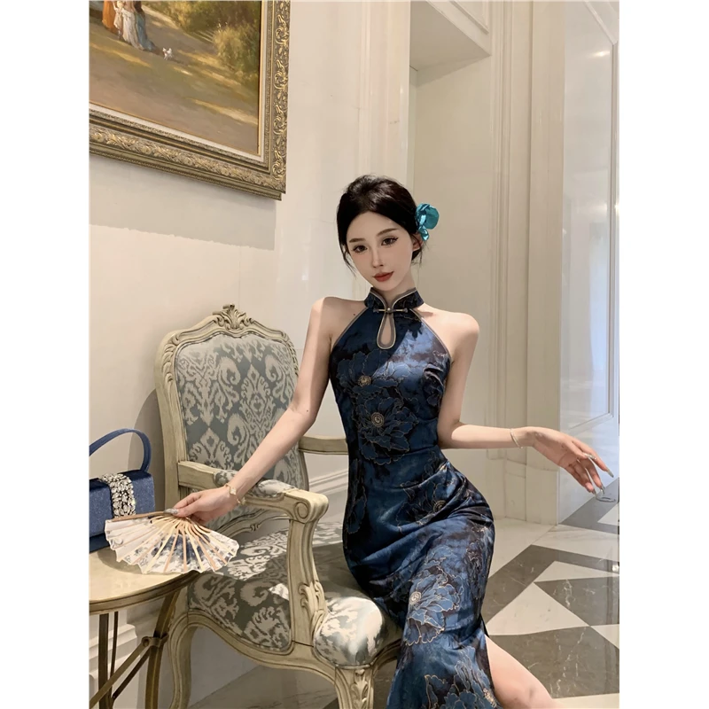 新中式国风提花缎面挖肩改良修身旗袍印花收腰连衣裙长裙 兰陵王