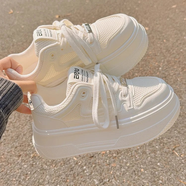 小白鞋女厚底增高2025新款板鞋夏季透气网面鞋子运动休闲鞋松糕鞋