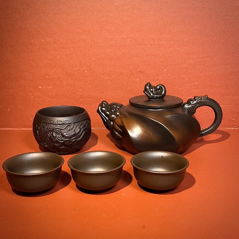 紫陶龙头老大凤鸣壶【配1个紫砂龙主人杯+3个紫砂反口品茗杯】D37