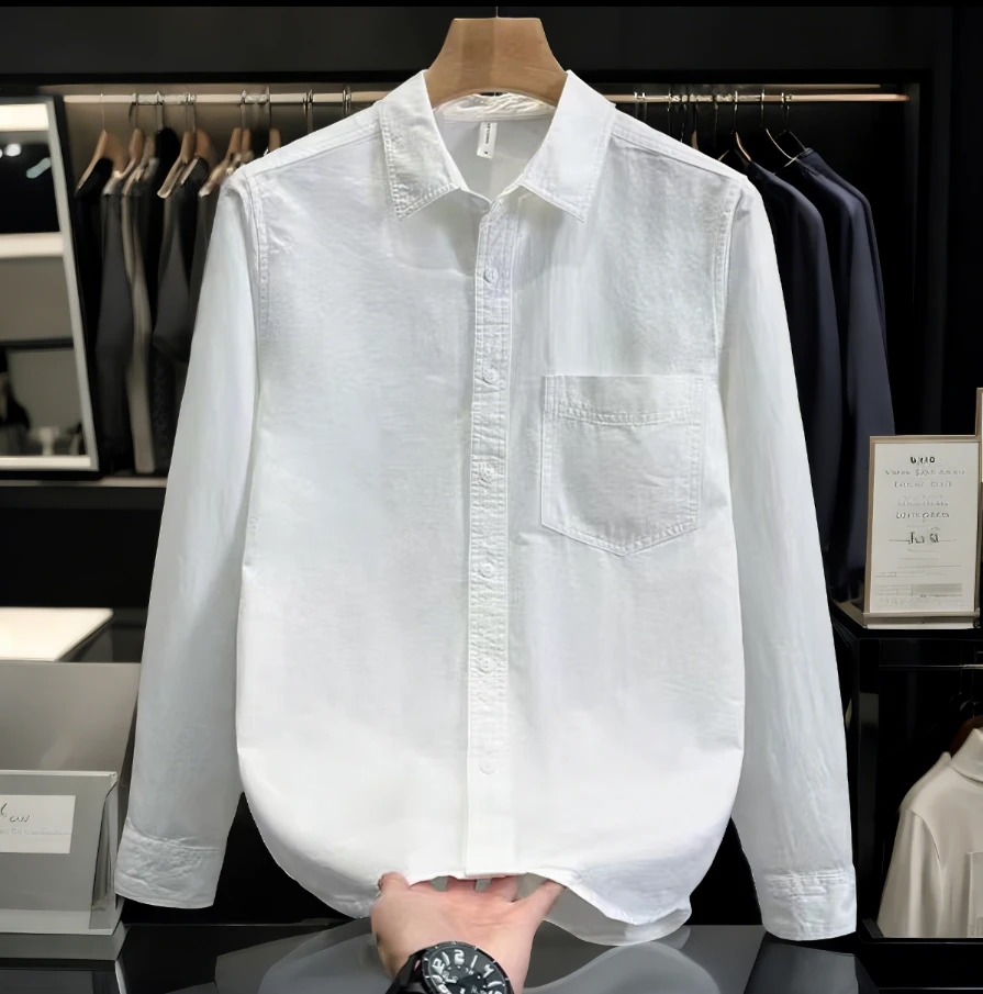 男士春秋休闲男士长袖衬衫新款简约纯色全棉衬衣文艺休闲百搭衬衣