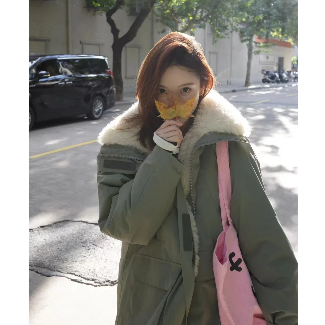 韩国小众内里拼接绒加厚棉服外套女冬季中长款冲锋衣派克服棉衣潮