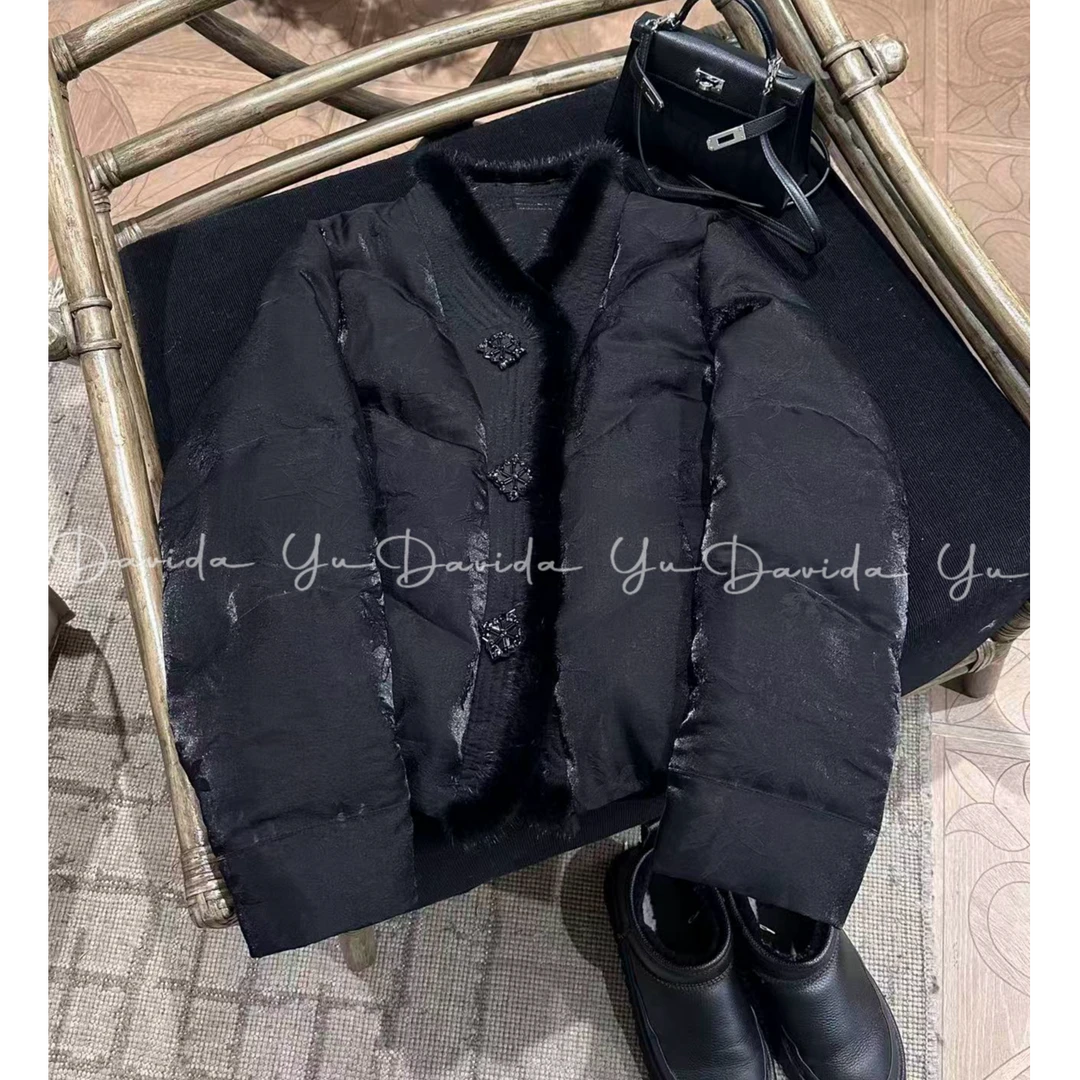 Davida Yu【黑茶】水貂圆领鹅绒服轻奢保暖显瘦外套汉服 2025055J