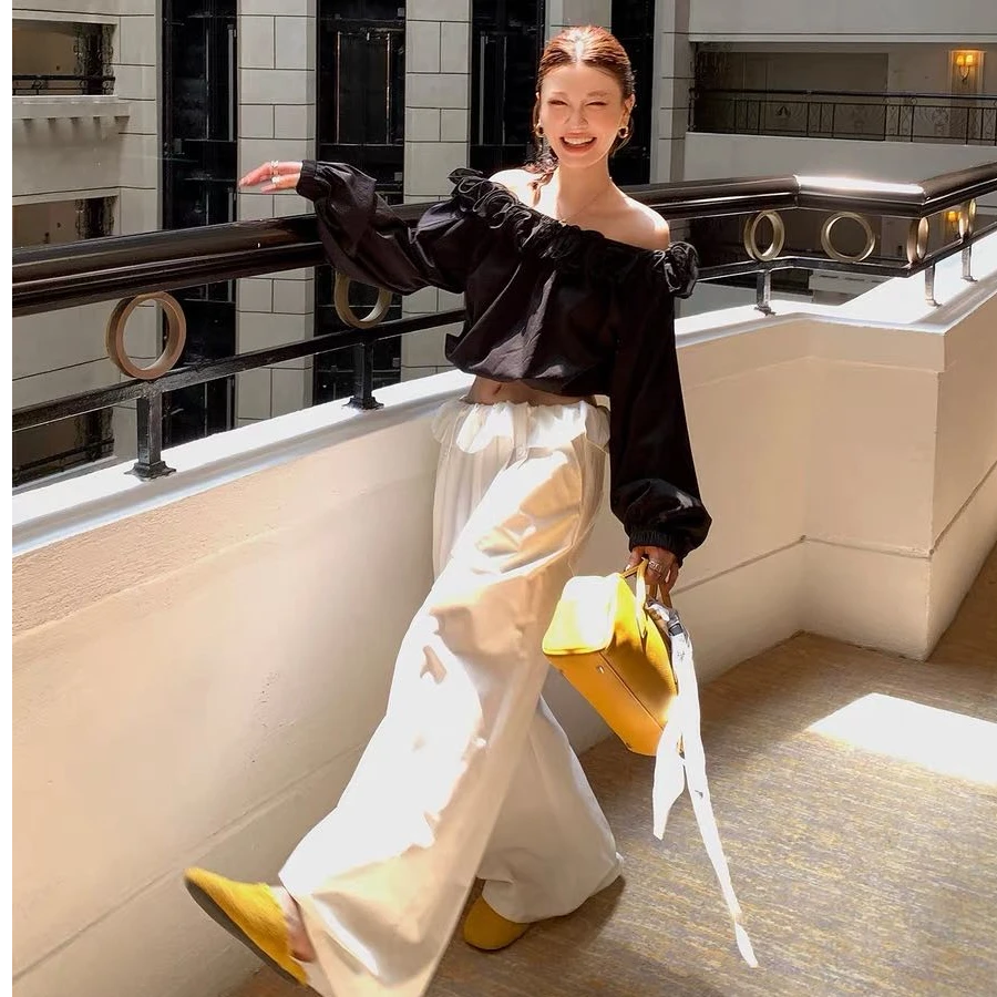 2025早秋新款时尚套装一字领褶皱秋季洋气女衬衫休闲上衣女装长裤