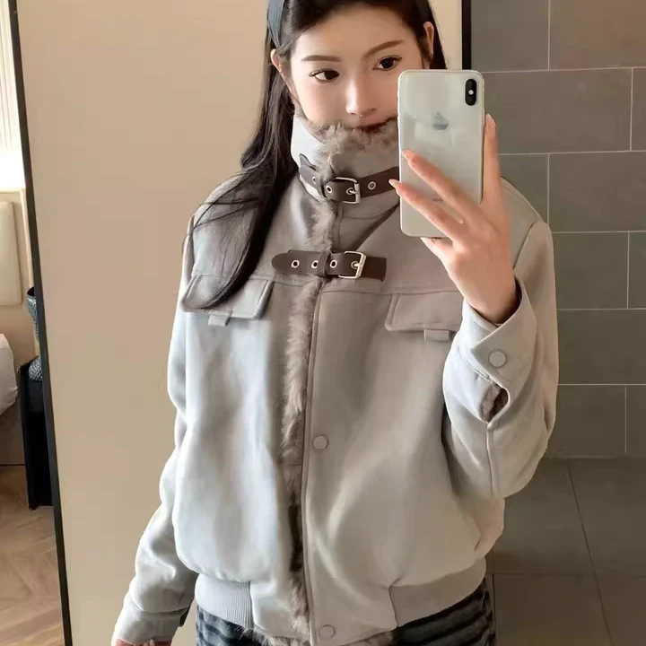 BVFEIED秋冬美式毛领拼接立领仿麂皮绒加绒加厚宽松夹克男女棉衣