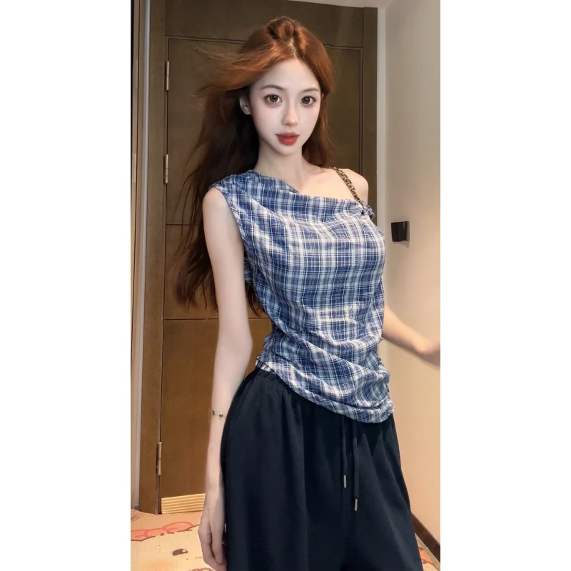 【XIAOBAWANG】慵懒风格纹扭结斜肩收腰修身T恤格纹拼接阔腿裤T