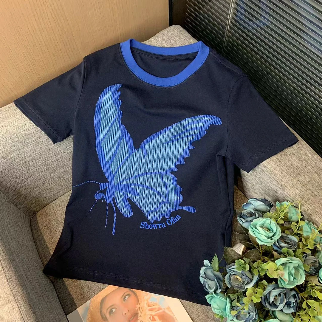 新款百搭轻奢印花短袖上衣女X7043