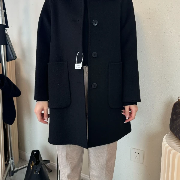 新款娃娃领大口袋中长款小个子外套洋气时尚大衣休闲双面呢大衣