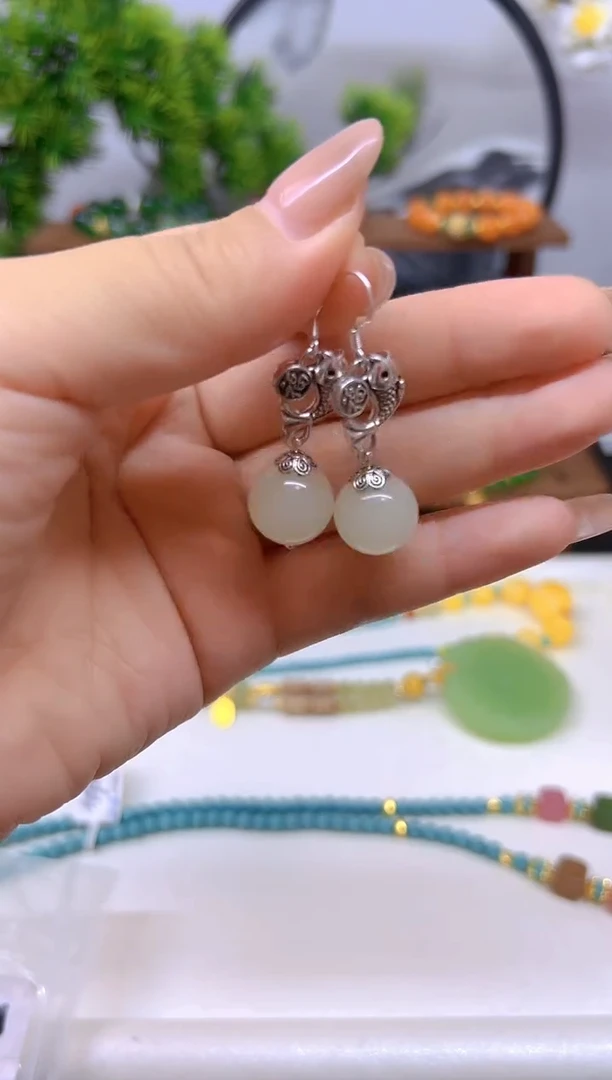 和田玉（白玉）银S925镶嵌耳饰E783