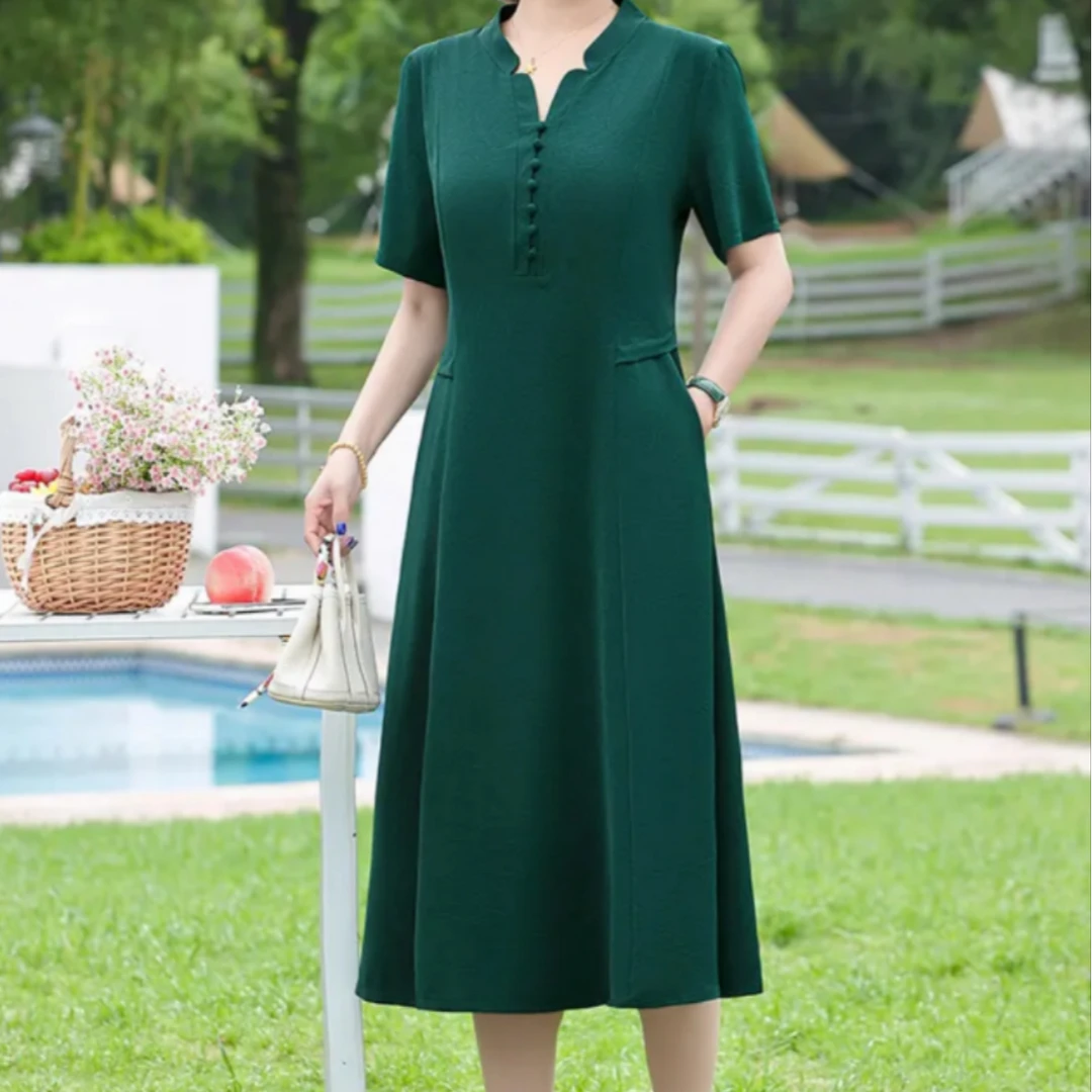 短袖中长款连衣裙2025夏季新款时尚气质修身减龄宽松遮肉a字裙子