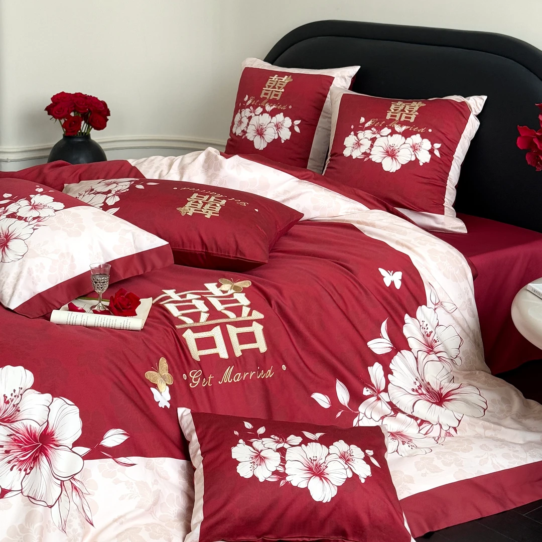 洛洛山河相思意&婚庆高支高密吸湿透气100s花卉刺绣长绒棉四件套