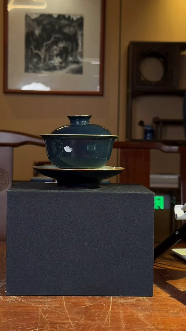 136-YPD-1113陶瓷蓝釉三才盖碗