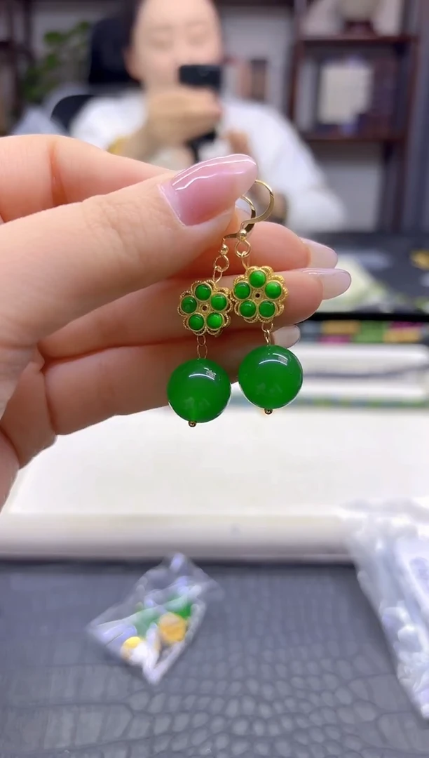 14K金镶嵌翡翠耳饰DIY款E963