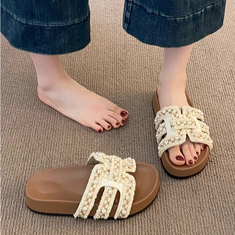 厚底珍珠法式度假凉拖鞋女夏外穿2025新款时尚配裙子温柔一字拖鞋