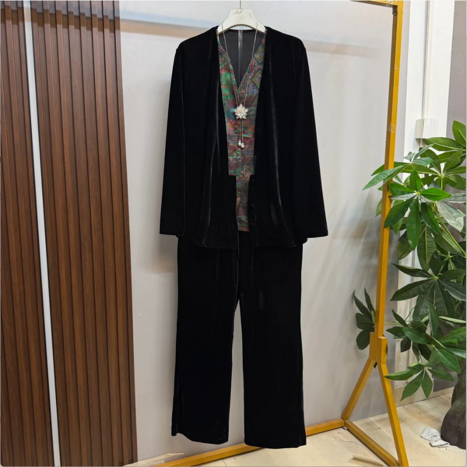 早秋新款时尚气质黑色复古优雅大气丝绒假两件上衣十裤子两件套