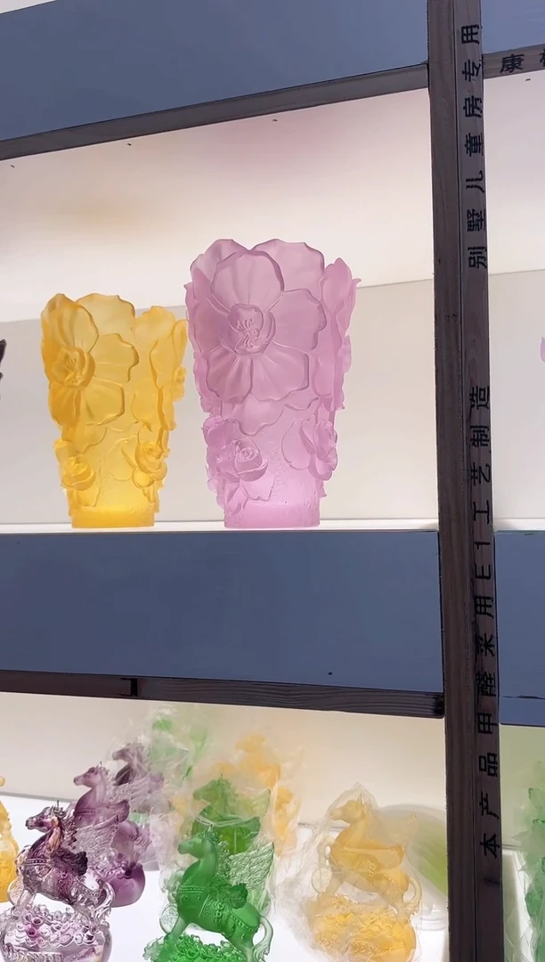 手工艺品琉璃山茶花花瓶粉色一对