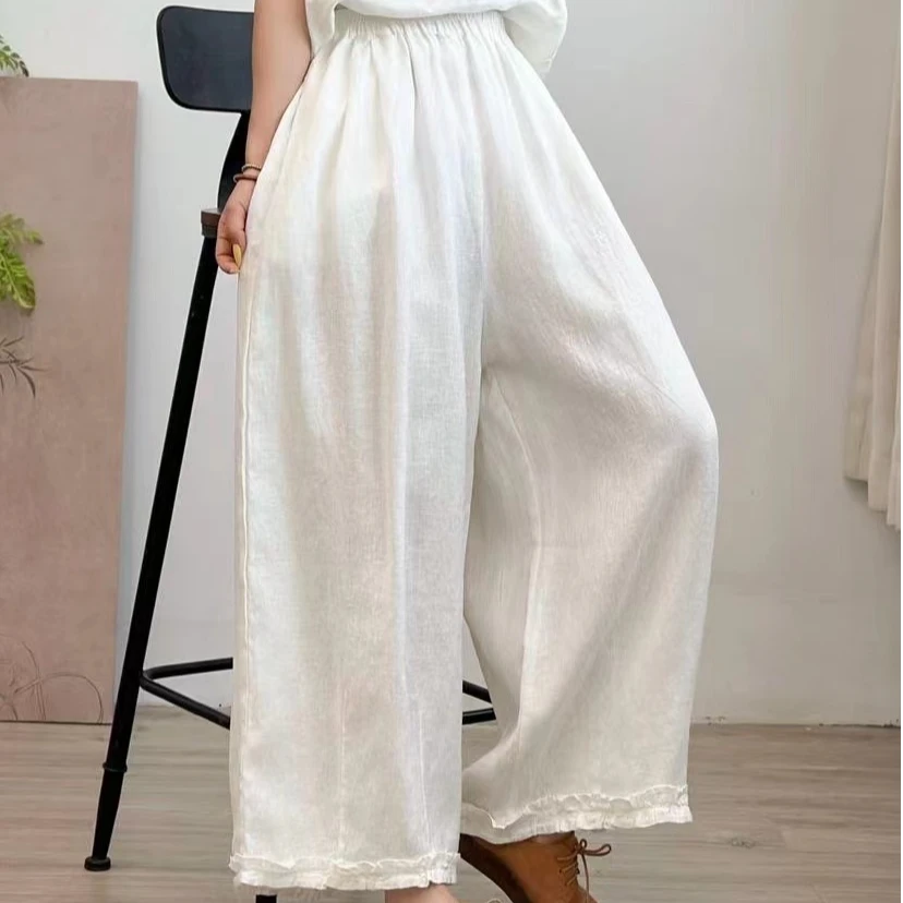 2025夏季百搭时尚高腰显瘦 100%亚麻 花边拼接休闲裤