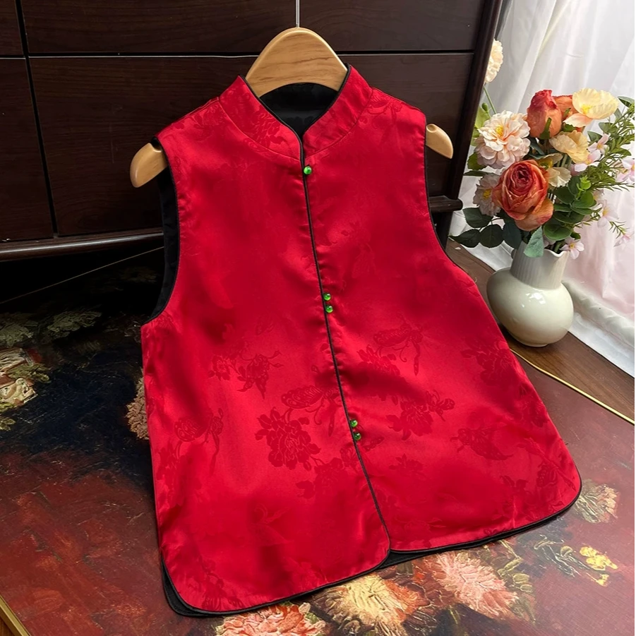 马甲背心女装新中式大花双面穿网红绣花马甲女2025新款气质女坎肩