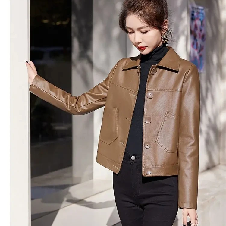 海宁皮衣女春秋短款高档潮流气质显瘦百搭皮夹克女小个子修身外套