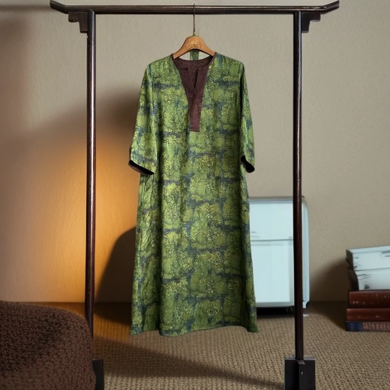 贵夫人101-A字裙圆领V领秋季短袖绿色高腰连衣裙时尚复古重磅印花