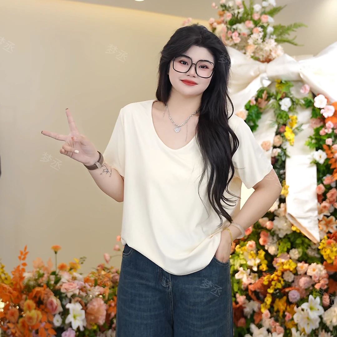 梦丞-私服夏装欧若风色系显瘦休闲短袖女上衣舒适纯色T恤大码