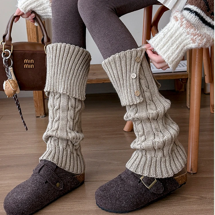 秋冬百搭麻花纽扣袜套堆堆袜女显瘦针织翻边纽扣腿套日系复古袜套