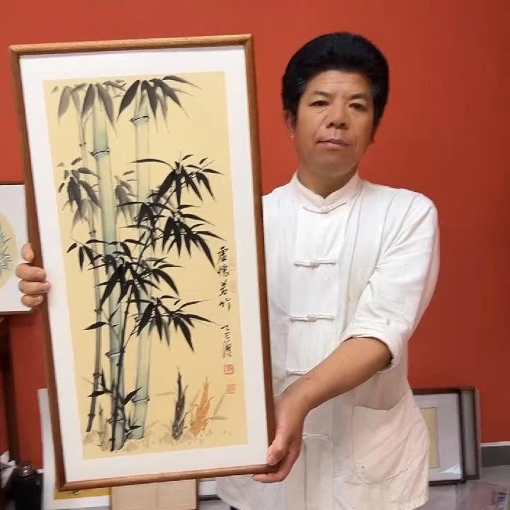 张富民作品/虚怀若竹（乌檀木实木框）（新版）/36*69厘米左右