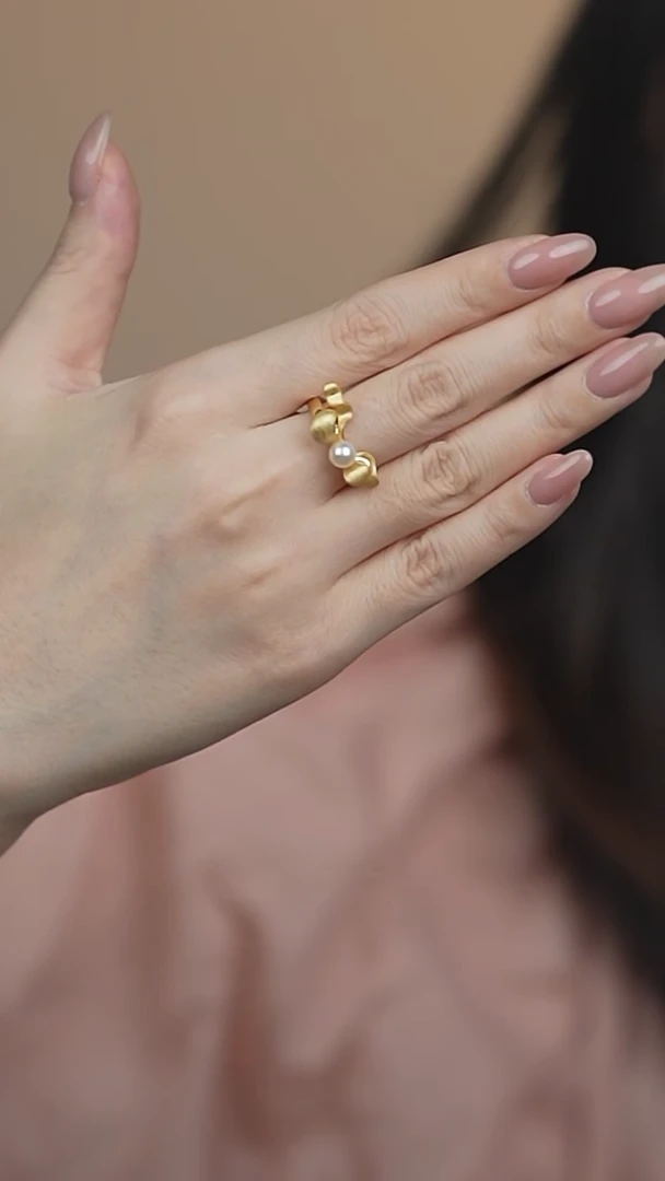 海水珍珠戒指银S925镶嵌5-6akoya蝴蝶结戒指