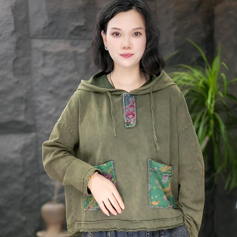 FF连帽百搭卫衣文艺中国风秋季套头上衣长袖V领做旧复古韩版