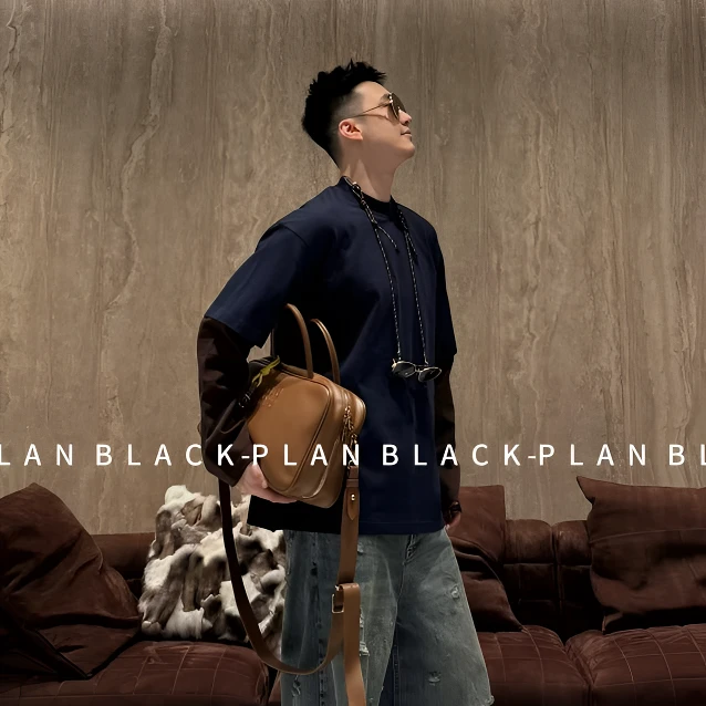 秋季新品拼接条纹假两件套头卫衣男士时尚撞色百搭休闲长袖打底衫