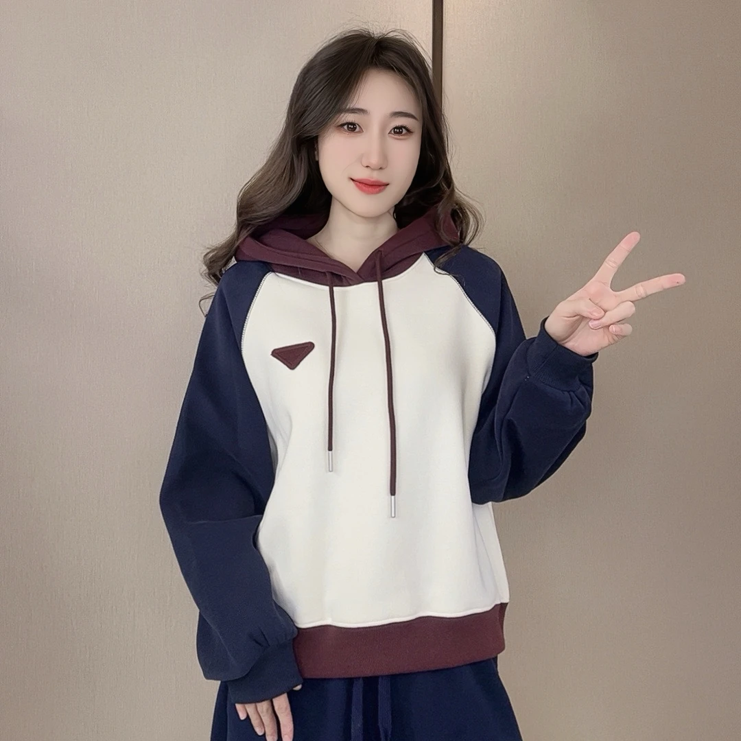 撞色螺纹订标卫衣插肩袖春秋长袖连帽宽松加厚加绒百搭休闲韩版