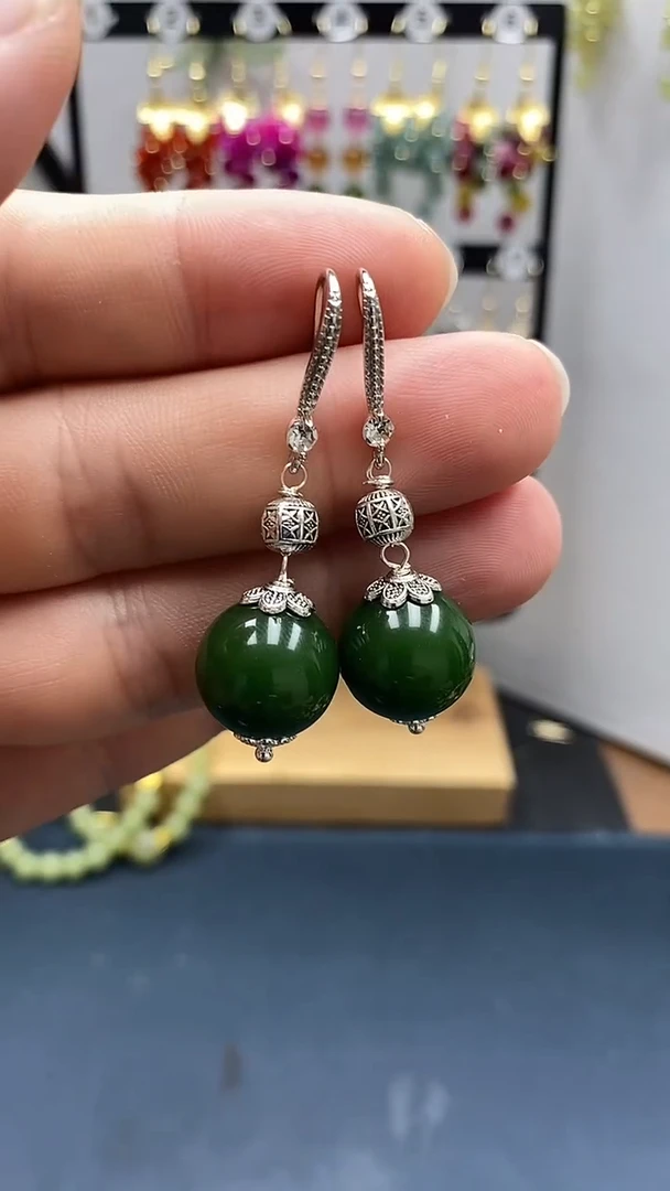 和田玉银S925镶嵌耳饰尺寸14mmA3