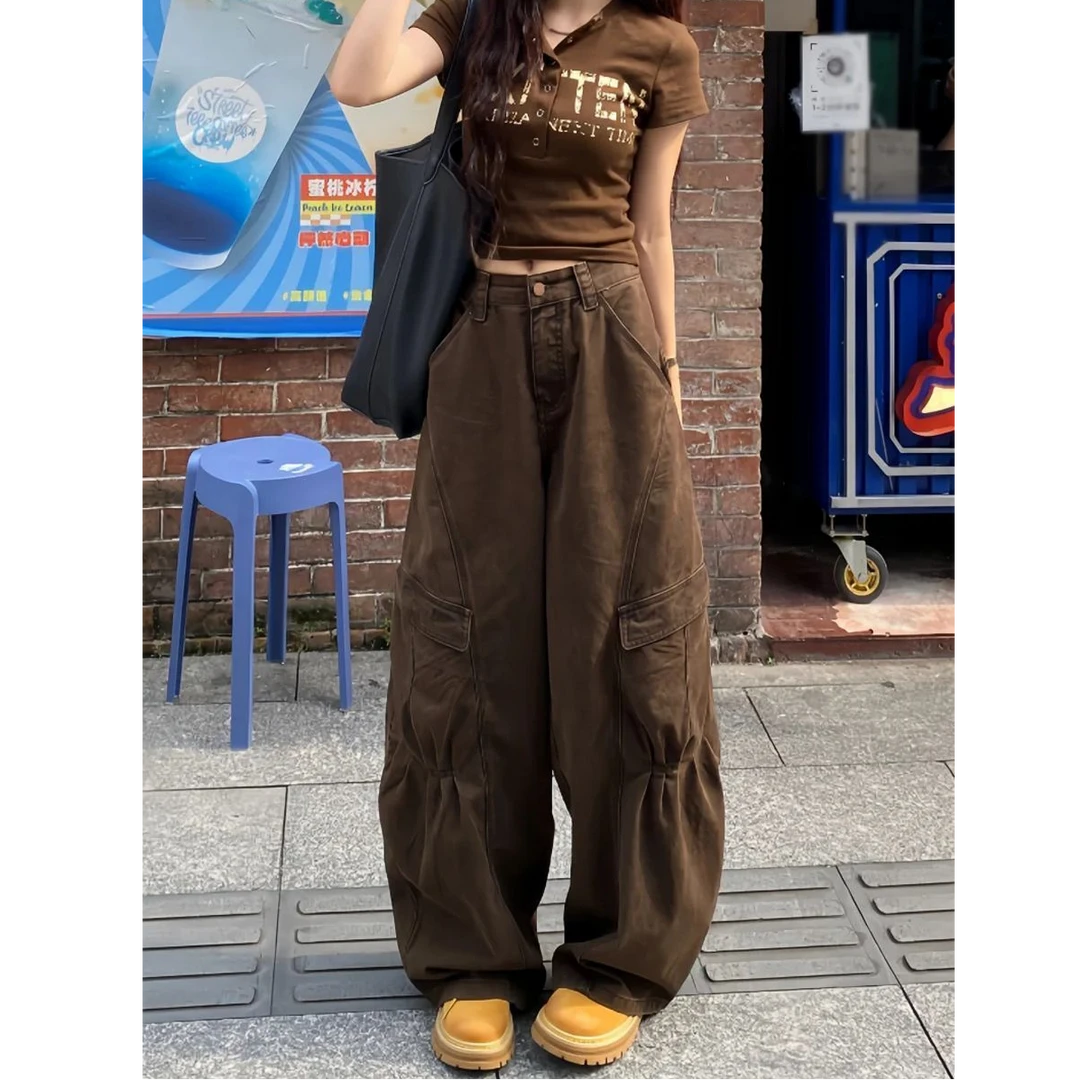 小个子美式复古咖色工装阔腿牛仔裤女高腰宽松显瘦直筒拖地长裤潮