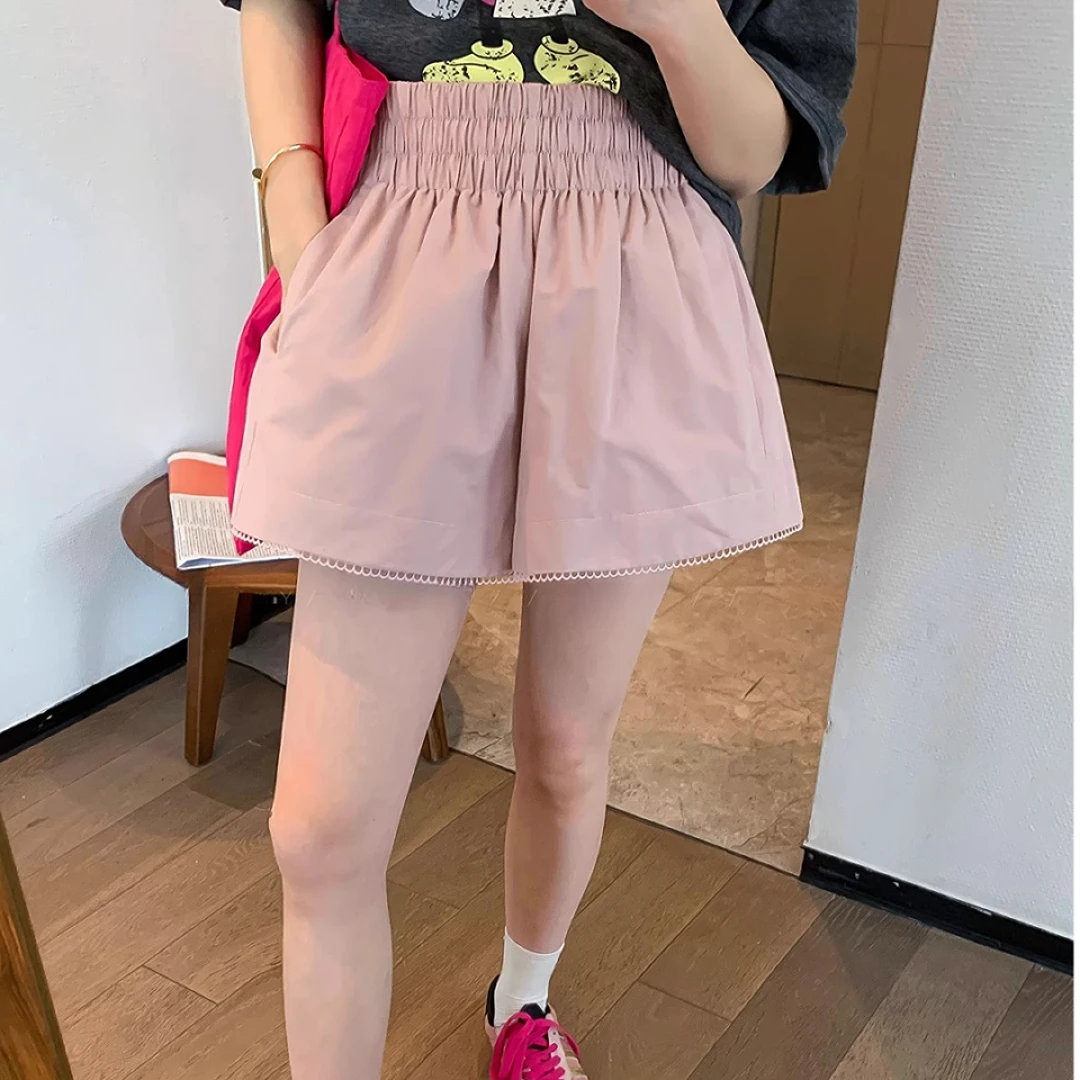 蕾丝花边松紧高腰阔腿短裤女夏新款宽松显瘦外穿休闲花苞a字热裤