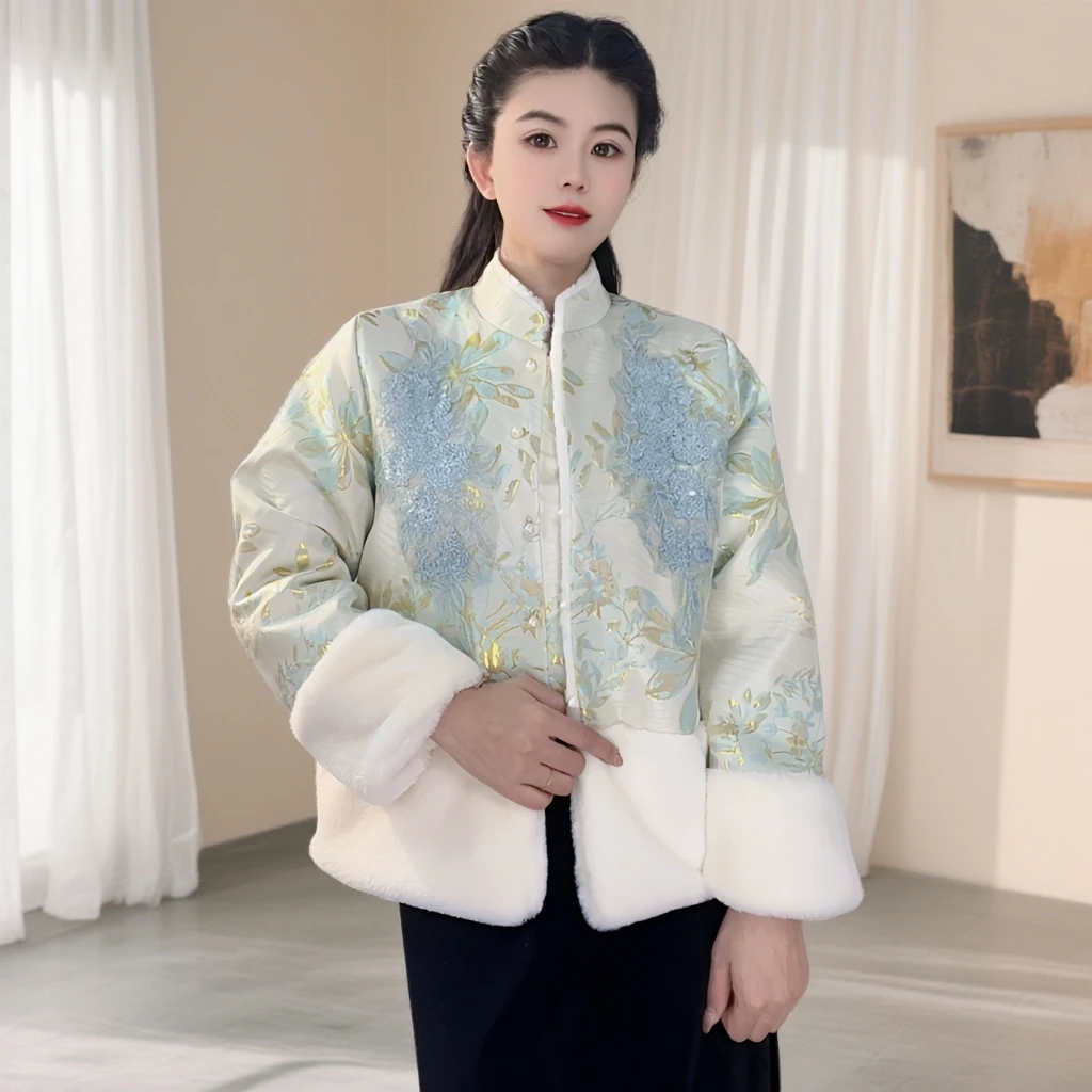 北栀亮片棉服女装立领长袖棉衣刺绣棉服加绒加厚款冬季双面穿棉衣
