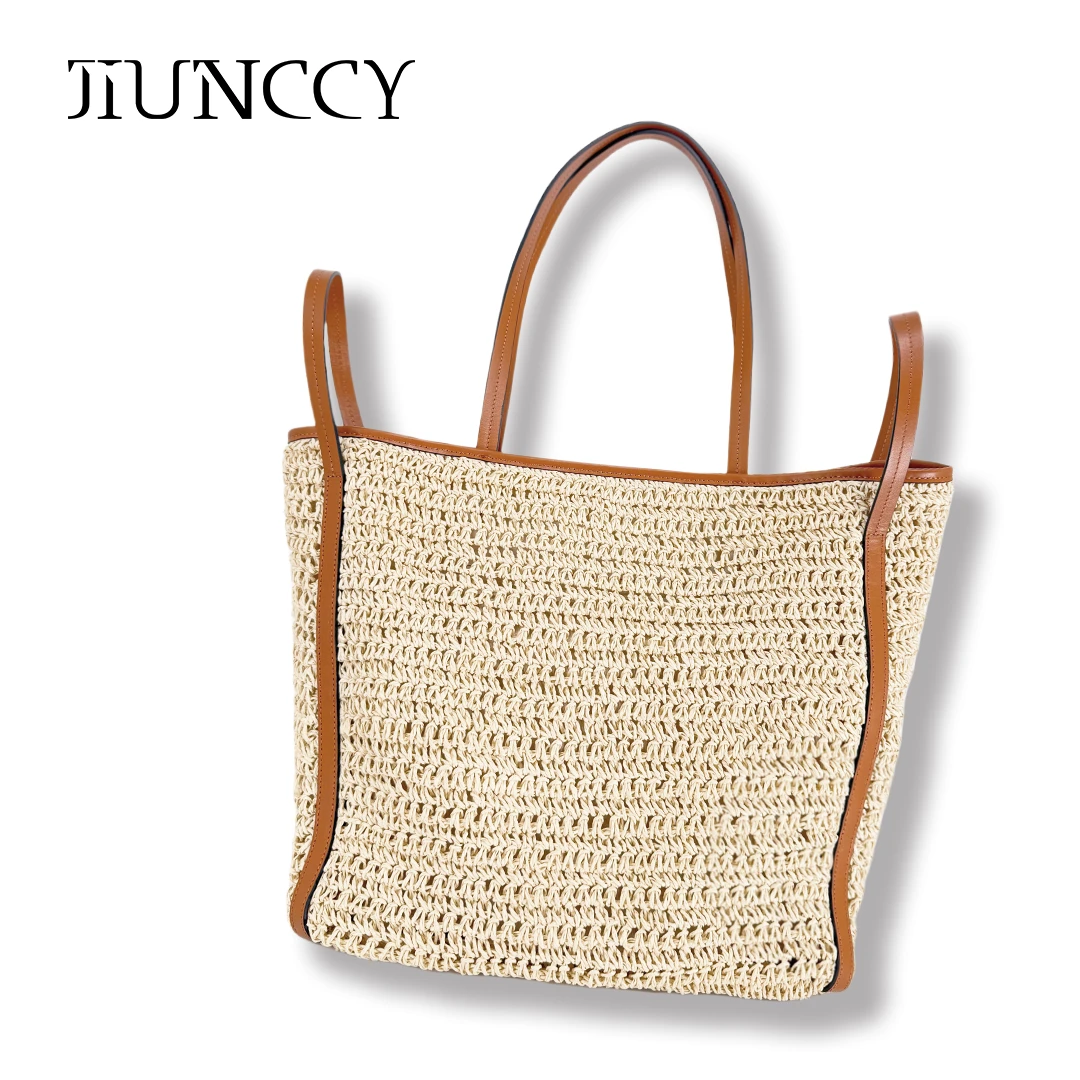 JIUNCCY 进口纸莎草拼接头层牛皮手工编织托特草编包 52YBB005