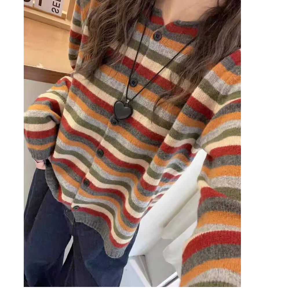 韩系圆领长袖毛衣彩色条纹针织开衫女春季新款时尚百搭毛衣女外套