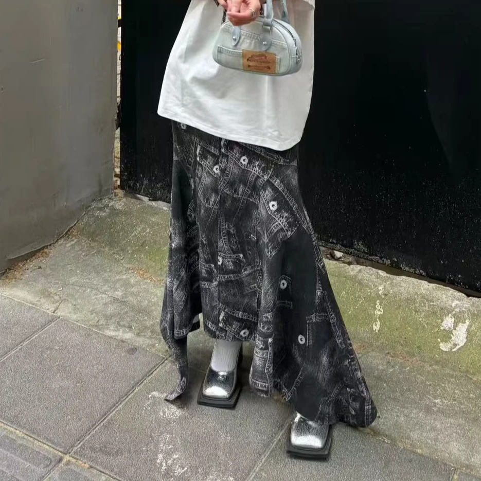 U.T仿牛仔拼接不规则半身裙Q064