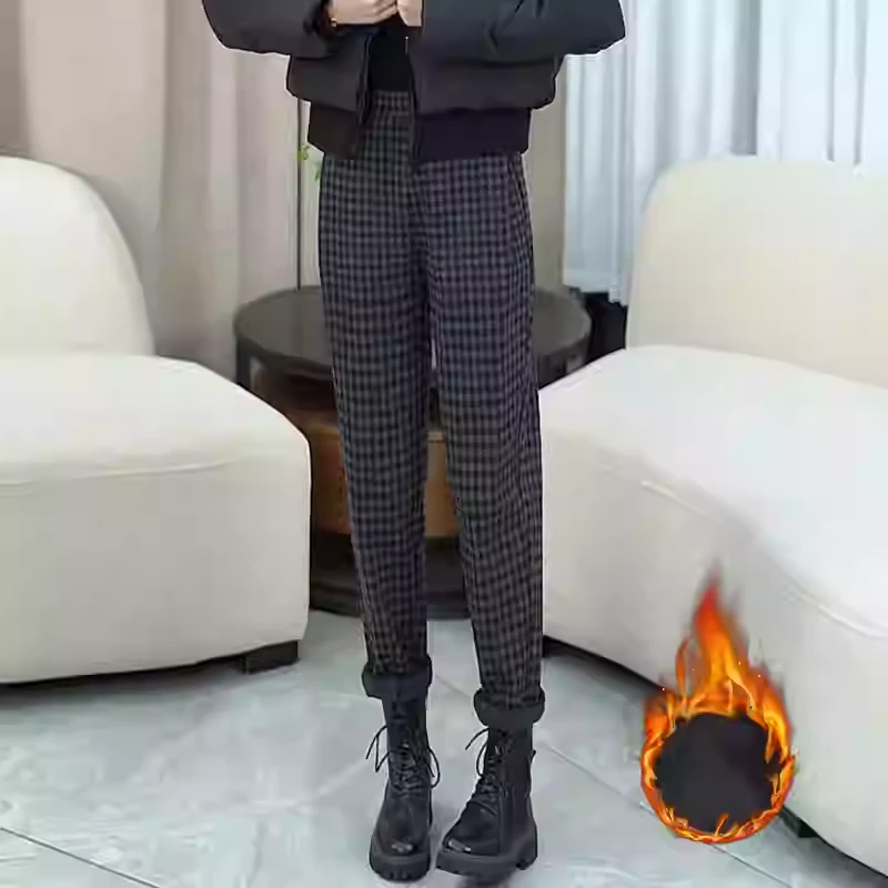 2025冬季新款小个子加绒加厚百搭休闲裤时尚显瘦毛呢格子哈伦裤