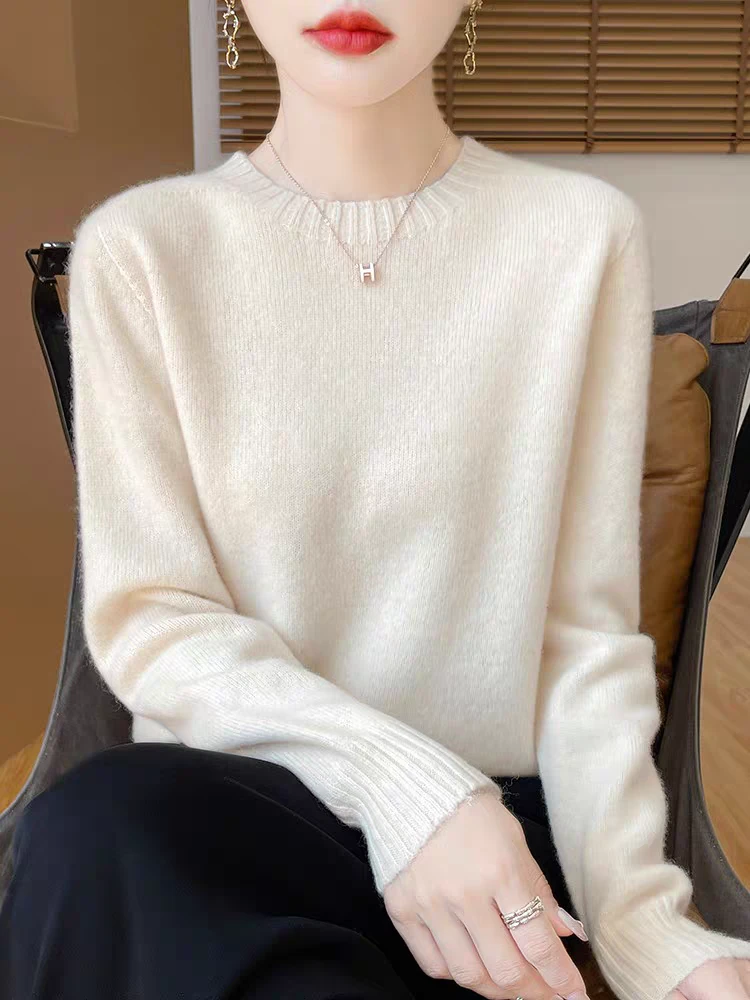 100羊毛七针一线无缝圆领羊毛衫女