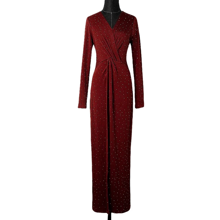 烫钻红色连衣裙女春装新款法式轻熟别致褶皱设计感裙子礼服