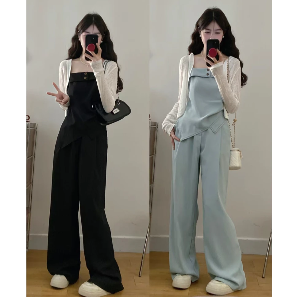 大码女装胖mm夏季三件套薄款宽松衬衫黑色吊带背心宽松阔腿裤