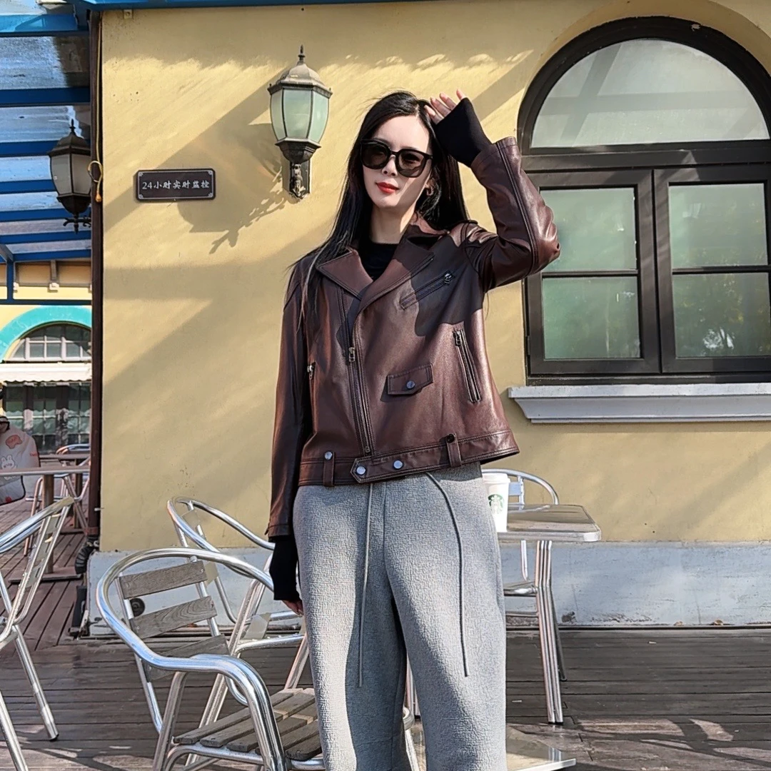 海宁皮衣单皮春款百搭拉链短款女士正品皮衣外套复古机车款8637
