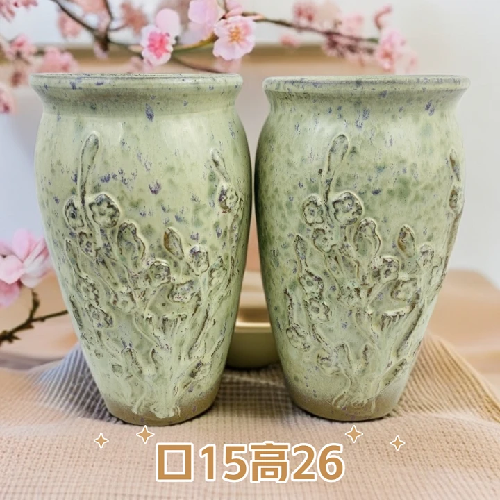 2074立体刻绘浮雕高圆盆法师老桩兰花飘枝花盆粗陶绿植古典