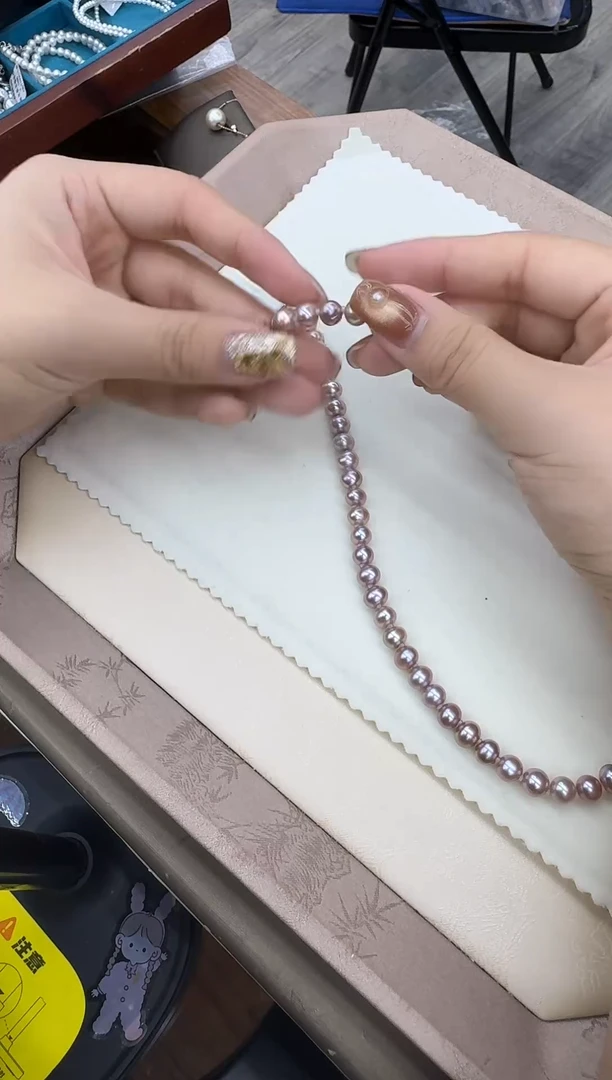 项链银S925镶嵌淡水珍珠S925银 7-8mm无核紫珠珍珠项链 XL2683